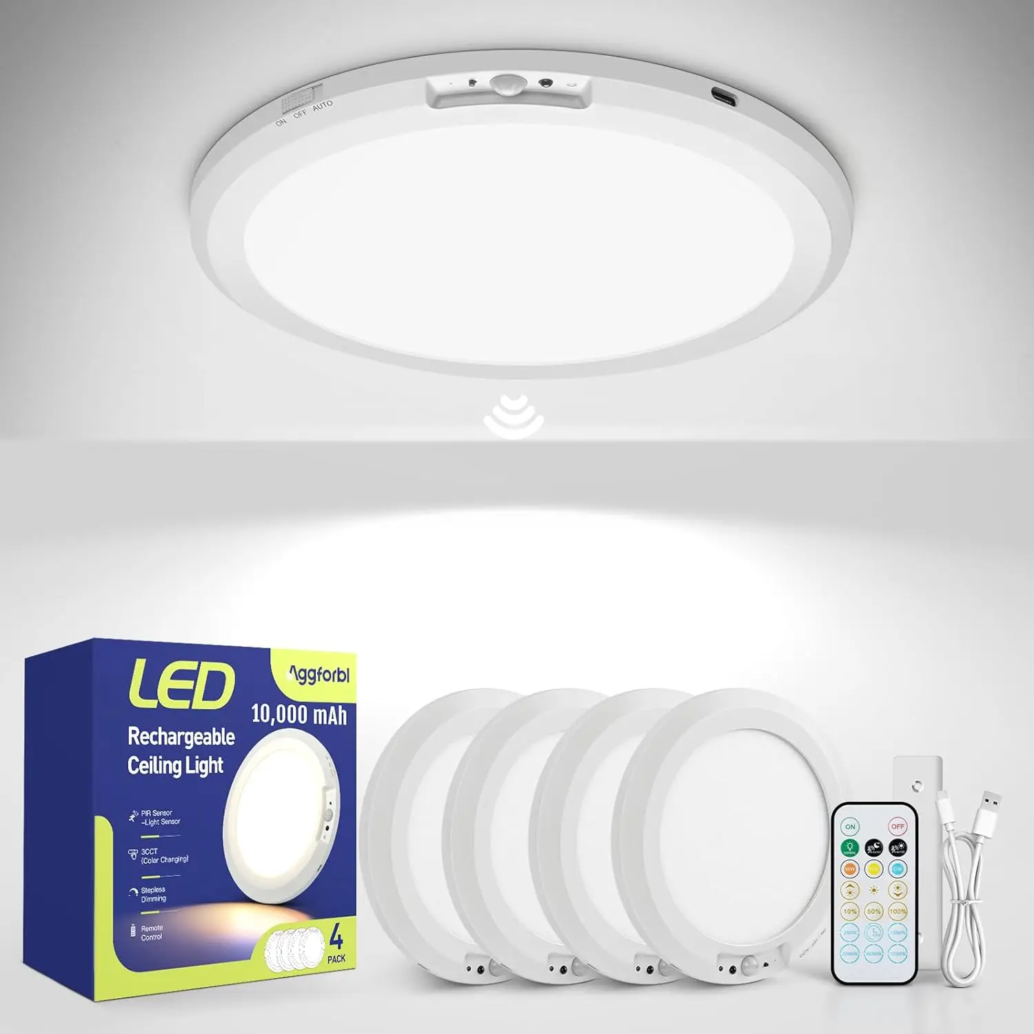 4 Pack 10000mAh Rechargeable Ceiling Light with Remote, Motion Sensor, 3 Color Temperatures, Waterproof for Shower
4 Pack 10000mAh Rechargeable Ceiling Light with Remote, Motion Sensor, 3 Color Temperatures, Waterproof for Shower