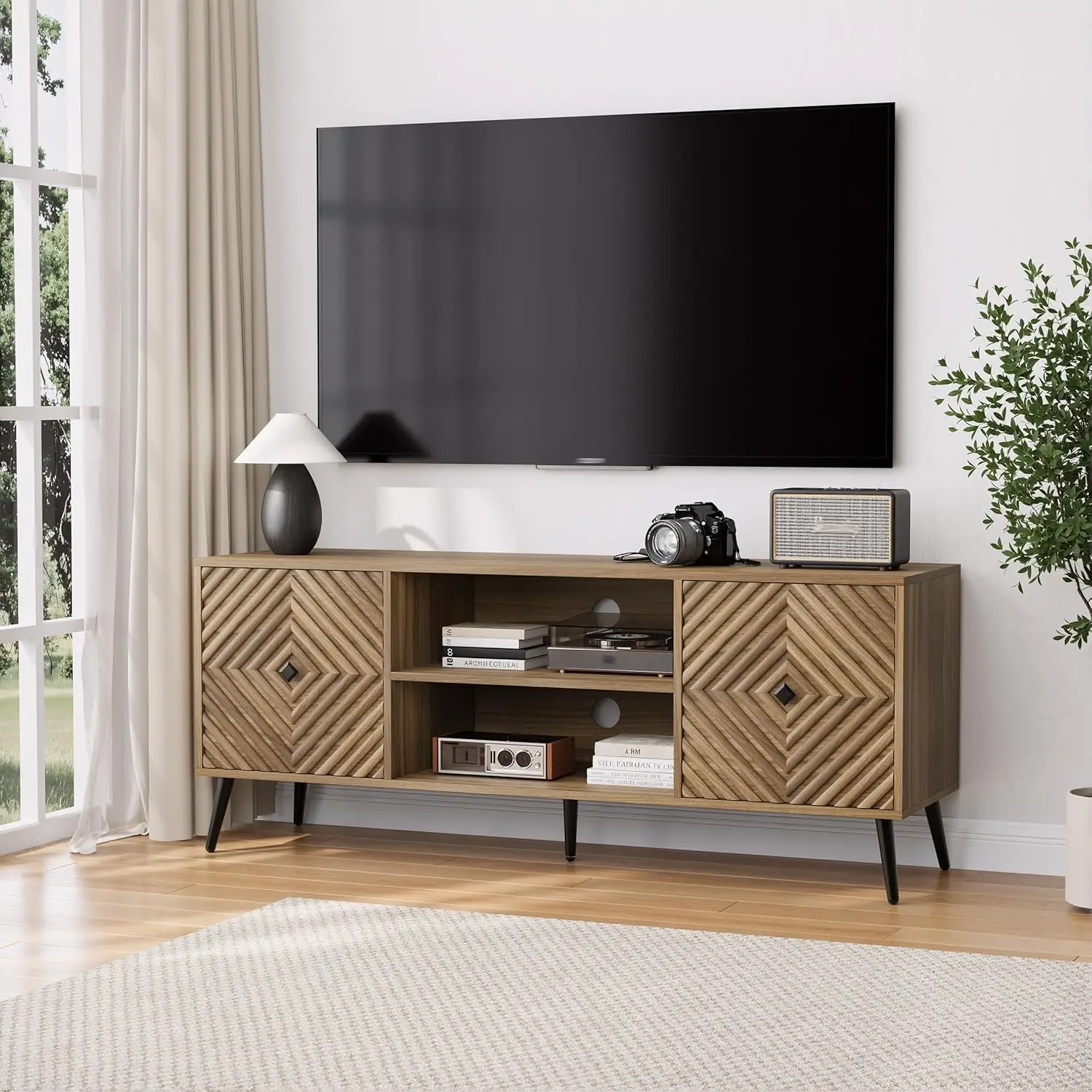 Walnut TV Stand With Fluted Diamond Doors, 55.12" Mid Century Modern TV Media Console For TVs Up To 65", TV Cabinet, Customized
Walnut TV Stand With Fluted Diamond Doors, 55.12" Mid Century Modern TV Media Console For TVs Up To 65", TV Cabinet, Customized