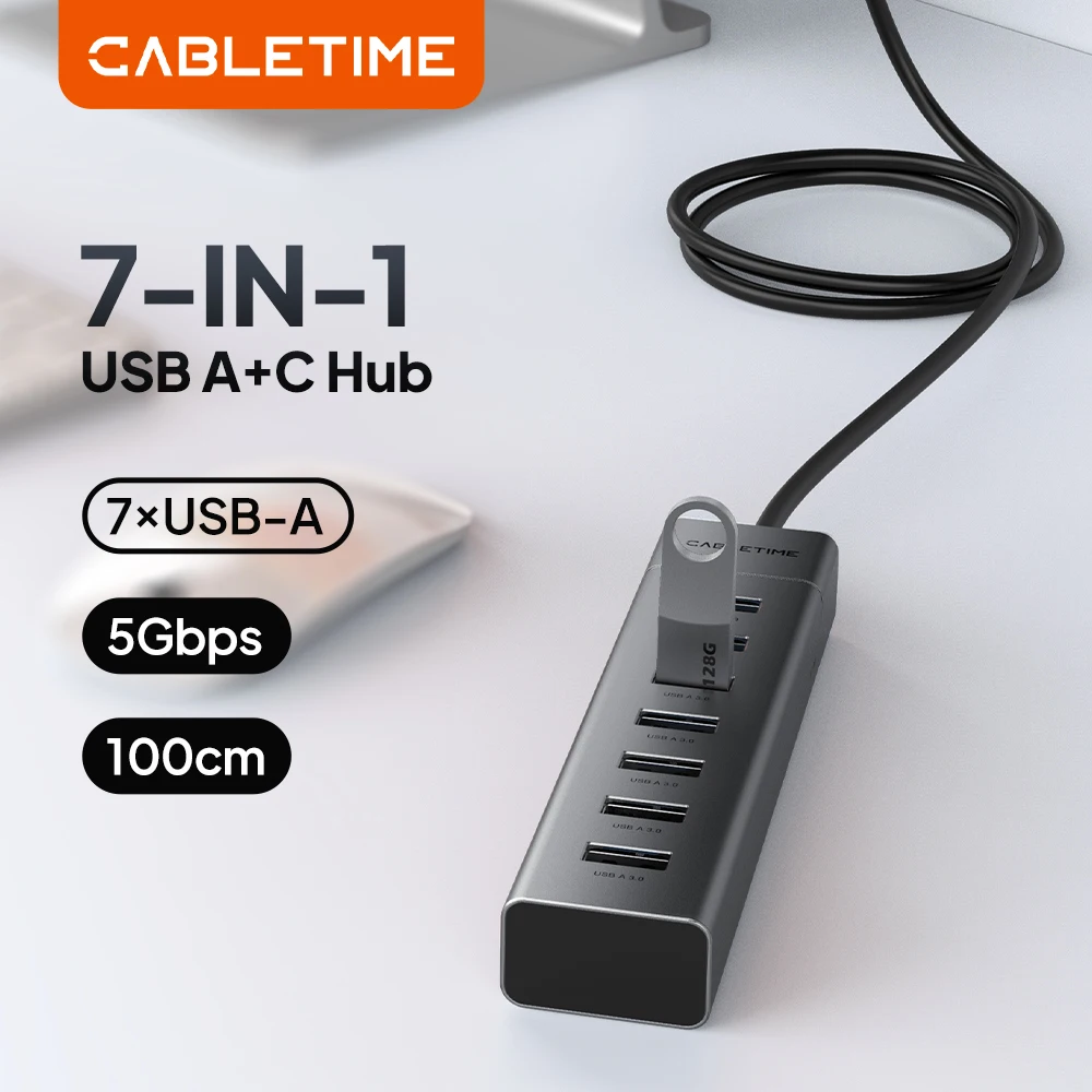 CABLETIME 7 IN 1 USB A+C Hub 7 * USB A Port USB 3.0 5Gbps Fast Data Transfer Aluminum Durable Shell for Laptop Mac TV Hard Drive
CABLETIME 7 IN 1 USB A+C Hub 7 * USB A Port USB 3.0 5Gbps Fast Data Transfer Aluminum Durable Shell for Laptop Mac TV Hard Drive
