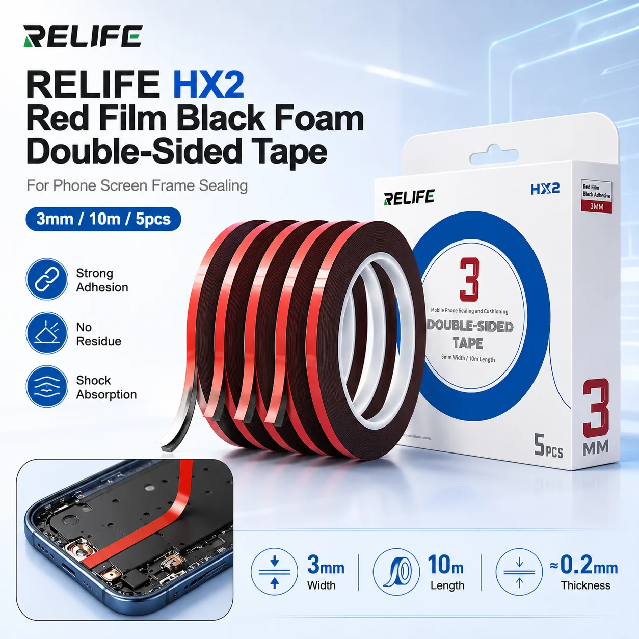 RELIFE HX2 Red Film Black Foam Double Sided Tape 3mm 10m Strong Adhesive Seal Strip for Phone Screen Frame Repair Tools
RELIFE HX2 Red Film Black Foam Double Sided Tape 3mm 10m Strong Adhesive Seal Strip for Phone Screen Frame Repair Tools