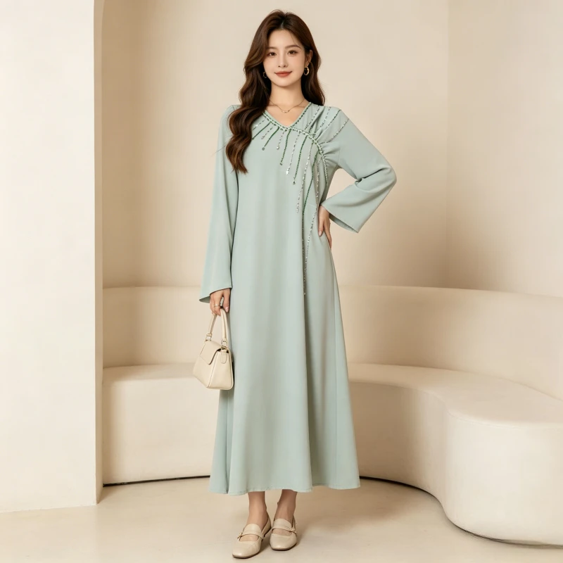 Eid Women Long Dress Abaya Muslim Handmade Sewn Diamond V Neck Vestido Largos Party Caftan Jalabiya Ramadan Dubai Arab Long Robe
Eid Women Long Dress Abaya Muslim Handmade Sewn Diamond V Neck Vestido Largos Party Caftan Jalabiya Ramadan Dubai Arab Long Robe