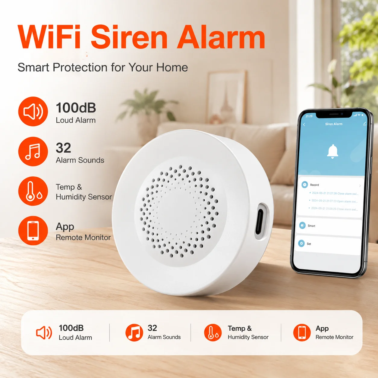 WiFi Siren Alarm 100dB 32 Sounds Tuya Smart Life App Remote Monitor Temperature Humidity Sensor Home Security Alarm
WiFi Siren Alarm 100dB 32 Sounds Tuya Smart Life App Remote Monitor Temperature Humidity Sensor Home Security Alarm