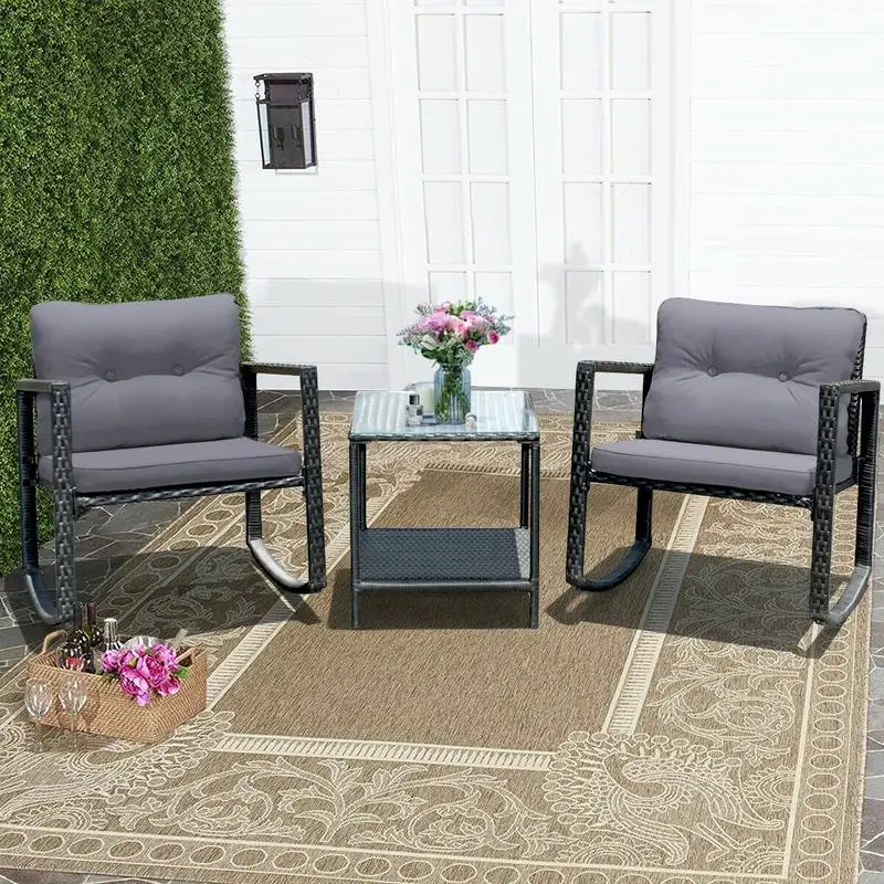 3 Pcs Cushioned Patio Rattan Set with Rocking Chair and Table-Gray
3 Pcs Cushioned Patio Rattan Set with Rocking Chair and Table-Gray