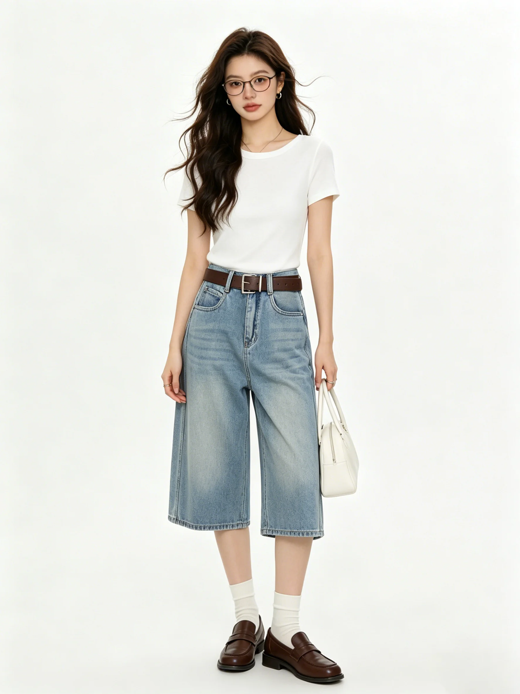 High Waist Wide Leg Workwear Jeans Women's Loose Slimming Seven Inch Light Blue with Belt Korean Style Casual Summer Jeans
High Waist Wide Leg Workwear Jeans Women's Loose Slimming Seven Inch Light Blue with Belt Korean Style Casual Summer Jeans