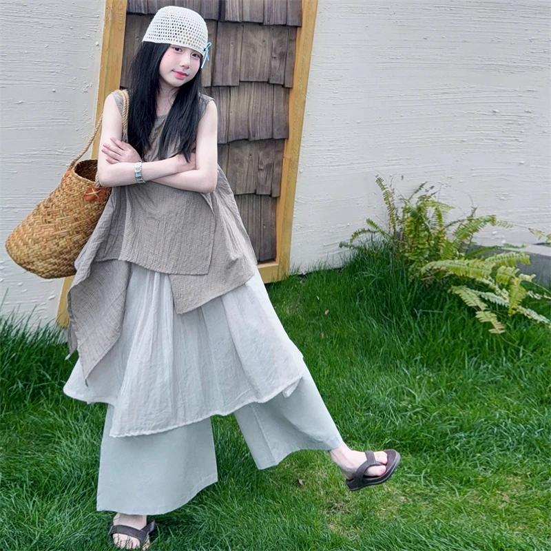 Children Clothes Girl Summer Mori Style Brown Irregular Sleeveless Top and Wide Leg Pants 2026 Loose Comfortable
Children Clothes Girl Summer Mori Style Brown Irregular Sleeveless Top and Wide Leg Pants 2026 Loose Comfortable