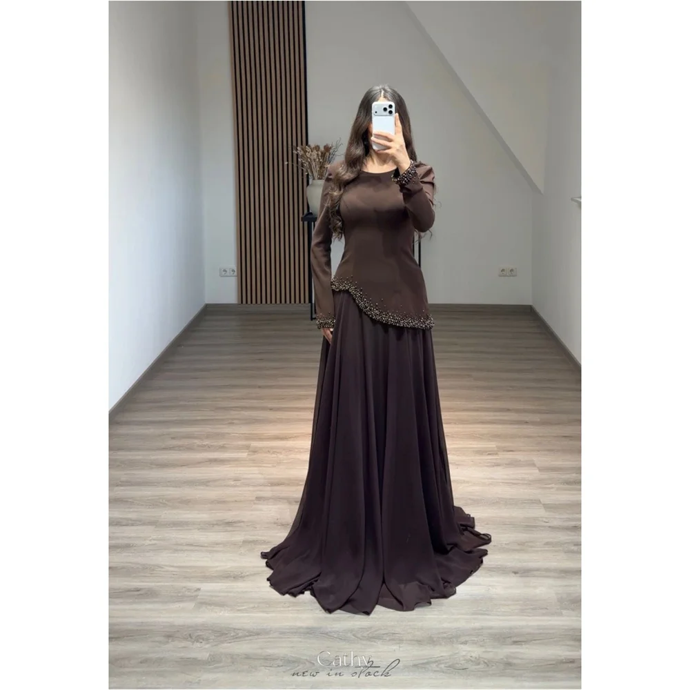 Cathy Customized Chocolate Brown O Neck Asymmetrical Prom Dress Long Sleeves A-line vestidos de noiva Floor-length Formal 2025
Cathy Customized Chocolate Brown O Neck Asymmetrical Prom Dress Long Sleeves A-line vestidos de noiva Floor-length Formal 2025