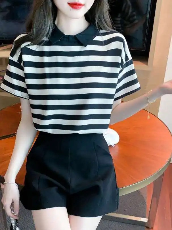 European Sle Women's Chiffon irt Summer New ort Sve Cleanfit Poly Fabric Ne Thin Stripe Pattern Ladies irt
European Sle Women's Chiffon irt Summer New ort Sve Cleanfit Poly Fabric Ne Thin Stripe Pattern Ladies irt