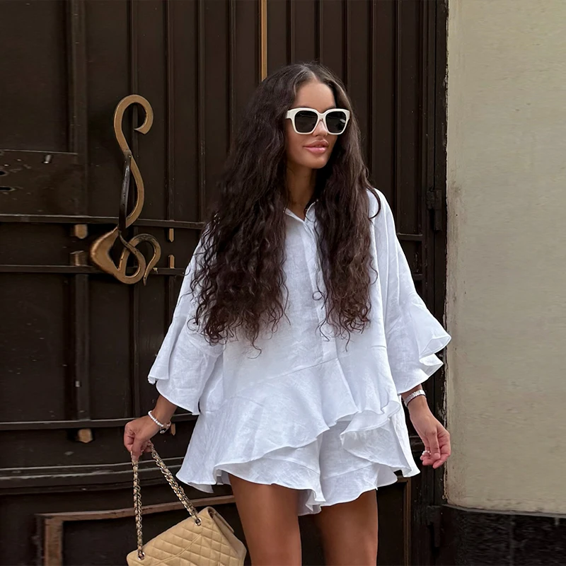 White Ruffle Long Sleeve Pullover Shirt Shorts Set Casual Comfortable Skin Friendly 2 Pieces Set 2025 Summer Fashion Women's
White Ruffle Long Sleeve Pullover Shirt Shorts Set Casual Comfortable Skin Friendly 2 Pieces Set 2025 Summer Fashion Women's
