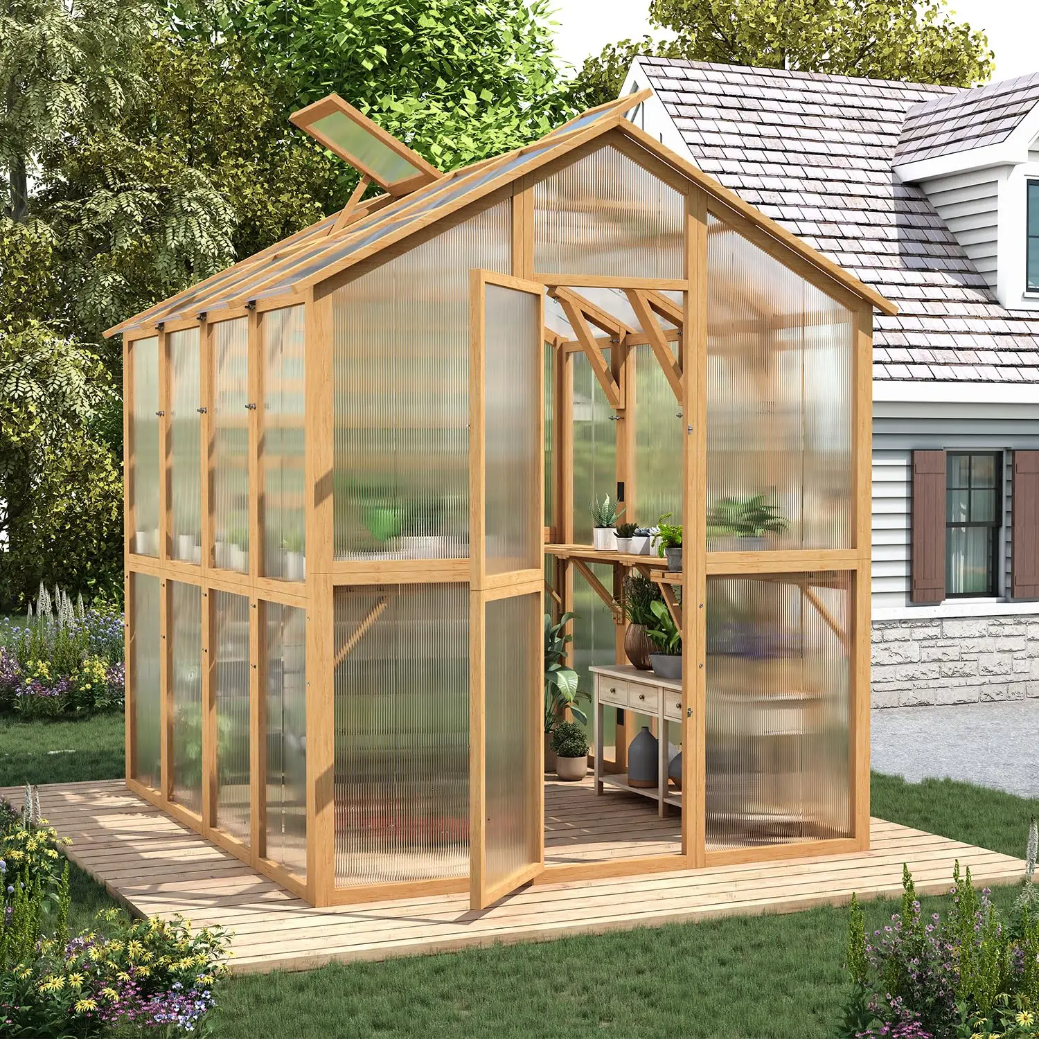 6x7 FT Wooden Greenhouse for Outdoors, Walk-in Garden Greenhouse with Plant Stand, Lockable Door, Adjustable Roof, Customized
6x7 FT Wooden Greenhouse for Outdoors, Walk-in Garden Greenhouse with Plant Stand, Lockable Door, Adjustable Roof, Customized