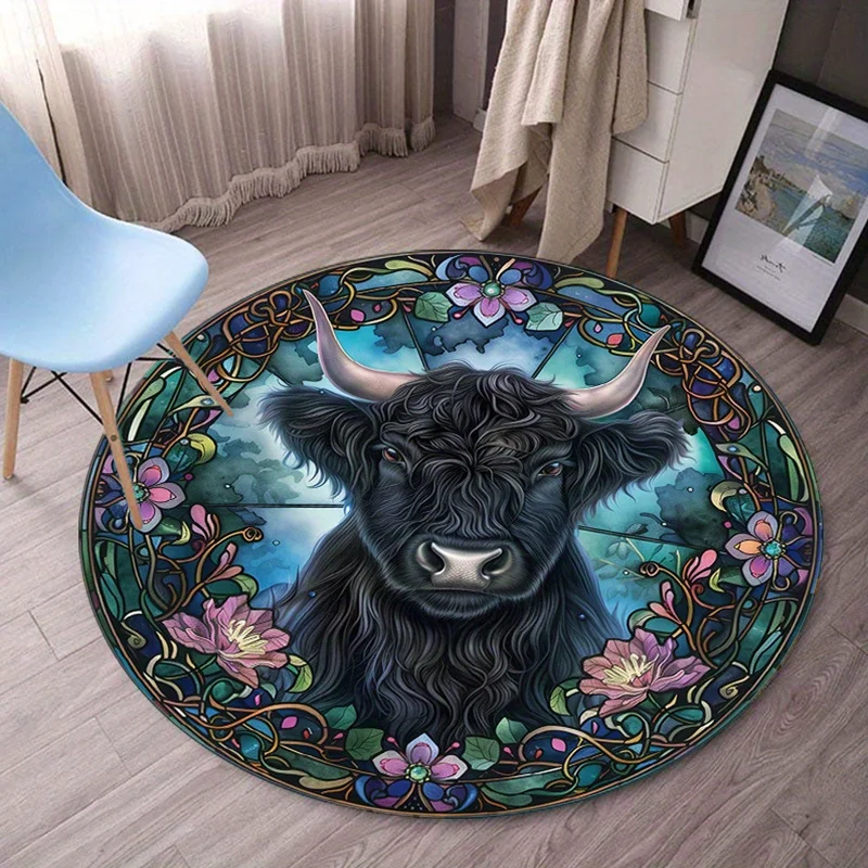 Stained glass bull floral frame round rug crystal velvet artistic animal design living room decor unique home floor mat
Stained glass bull floral frame round rug crystal velvet artistic animal design living room decor unique home floor mat