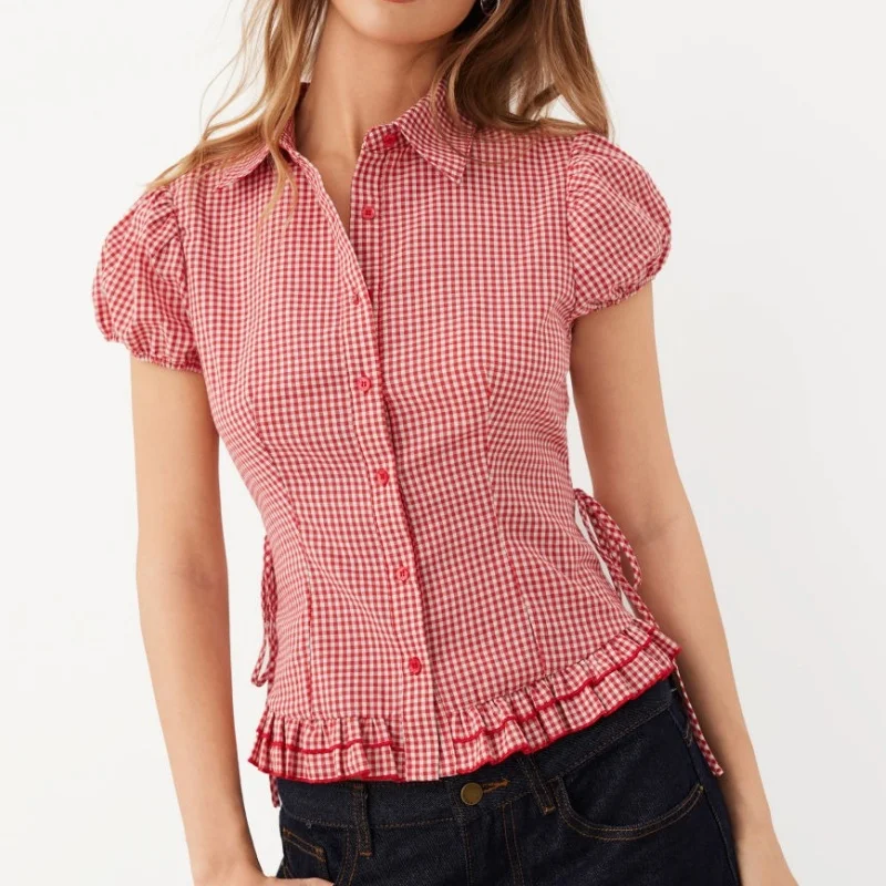 Cute Y2k Red Plaid T-shirt Blouse Woman Side Tie up Lapel Collar Short Cap Sleeve Slim Shirts Sweet Preppy Style Crop Tops
Cute Y2k Red Plaid T-shirt Blouse Woman Side Tie up Lapel Collar Short Cap Sleeve Slim Shirts Sweet Preppy Style Crop Tops