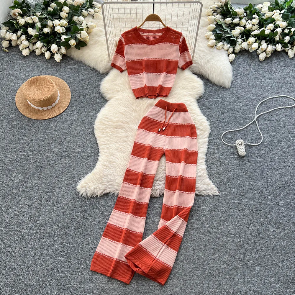 Pant Set Women Two Piece Sets Round Neck Short Sleeve Tops Knitted Wide Leg Long Pants Lace Up Elastic Waist Y2k Streetwear
Pant Set Women Two Piece Sets Round Neck Short Sleeve Tops Knitted Wide Leg Long Pants Lace Up Elastic Waist Y2k Streetwear
