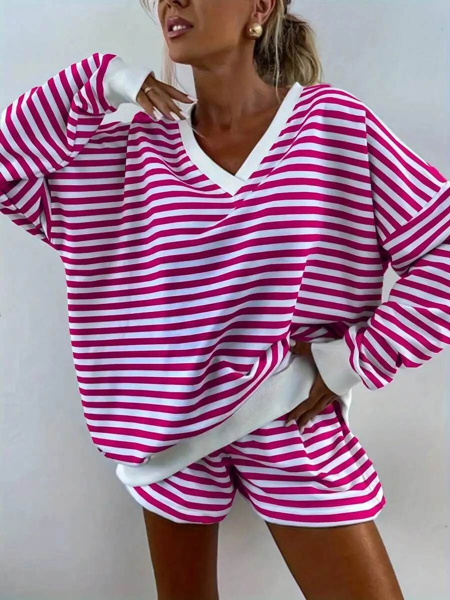 2 Pieces Striped V-Neck Loose Long Sleeve Top And Shorts Set Women Casual Home Outfit
2 Pieces Striped V-Neck Loose Long Sleeve Top And Shorts Set Women Casual Home Outfit