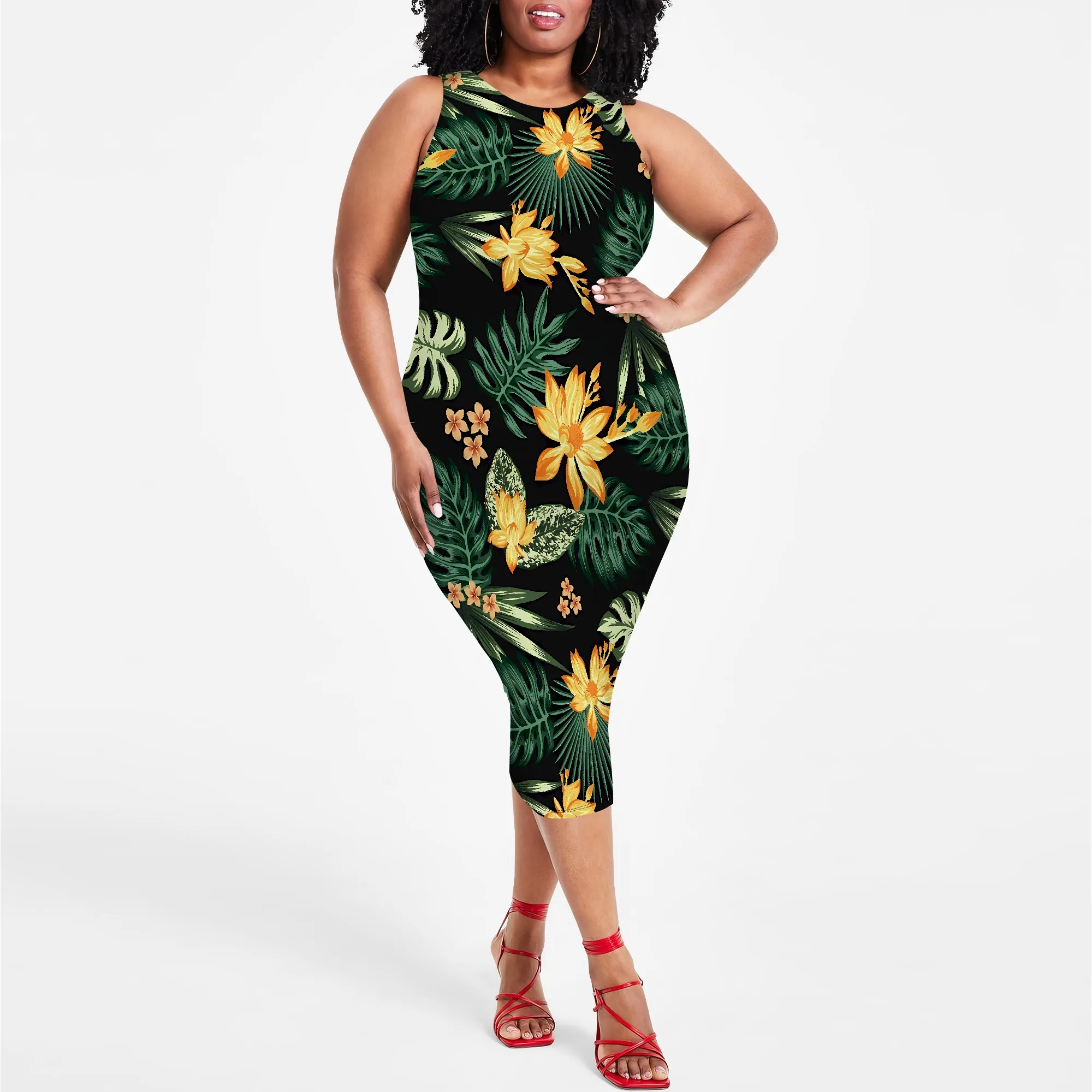 Plus Size Bodycon Sleeveless Midi Dress Black Tropical Floral Print Summer Vacation Look
Plus Size Bodycon Sleeveless Midi Dress Black Tropical Floral Print Summer Vacation Look