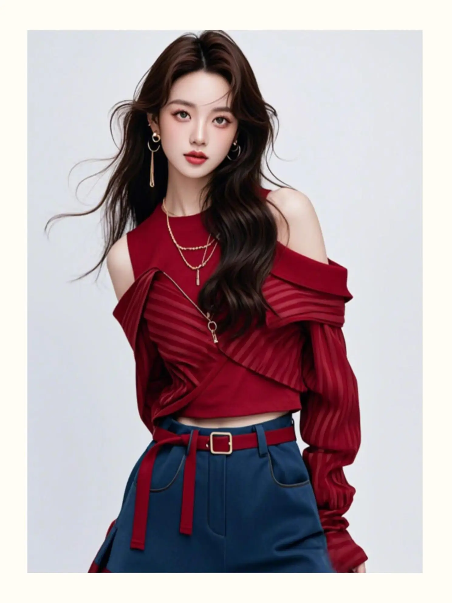 Ankela Red Shoulder Bared Short Shirt Women's High Waist Splice Style Autumn Fashionable Casual Long Sleeve round Neck Top
Ankela Red Shoulder Bared Short Shirt Women's High Waist Splice Style Autumn Fashionable Casual Long Sleeve round Neck Top