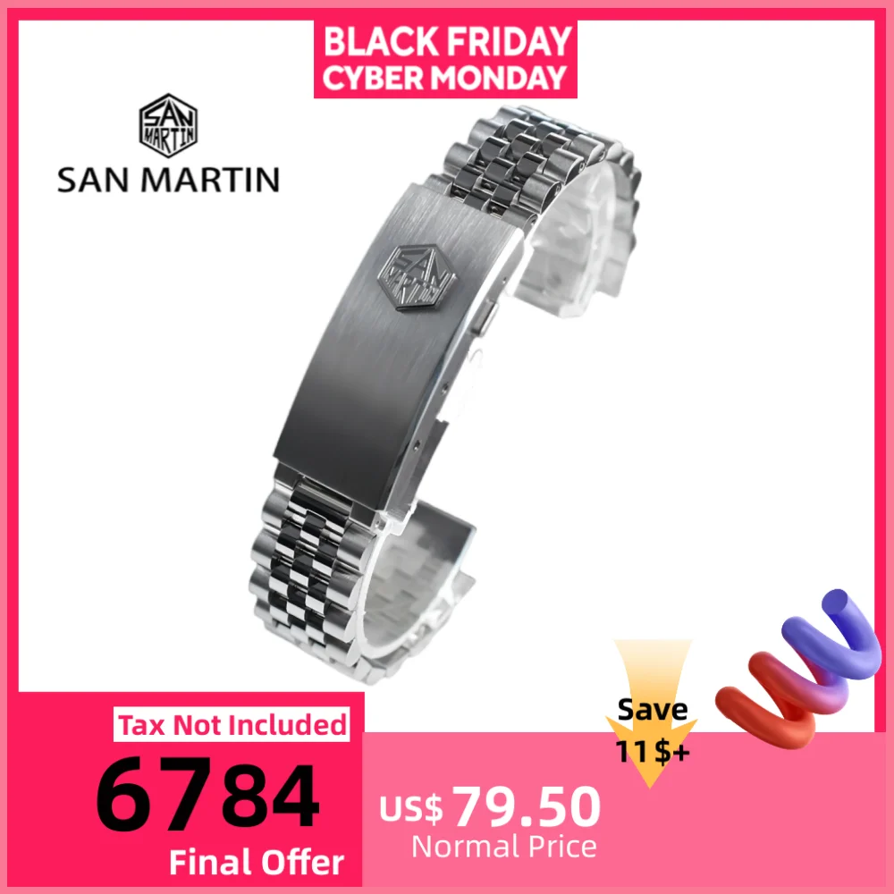 Стальной юбилейный браслет San Martin для часов 20 мм, регулируемая складная застежка, однотонные изогнутые концевые звенья для SN0008 SN0128, роскошные
Стальной юбилейный браслет San Martin для часов 20 мм, регулируемая складная застежка, однотонные изогнутые концевые звенья для SN0008 SN0128, роскошные