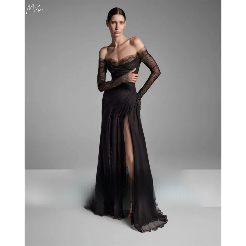 Mila Black Off the Shoulder A-line Party Dresses Side High Split Zip Evening Dresses Floor-Length Sheath Customized Prom Dresses
Mila Black Off the Shoulder A-line Party Dresses Side High Split Zip Evening Dresses Floor-Length Sheath Customized Prom Dresses