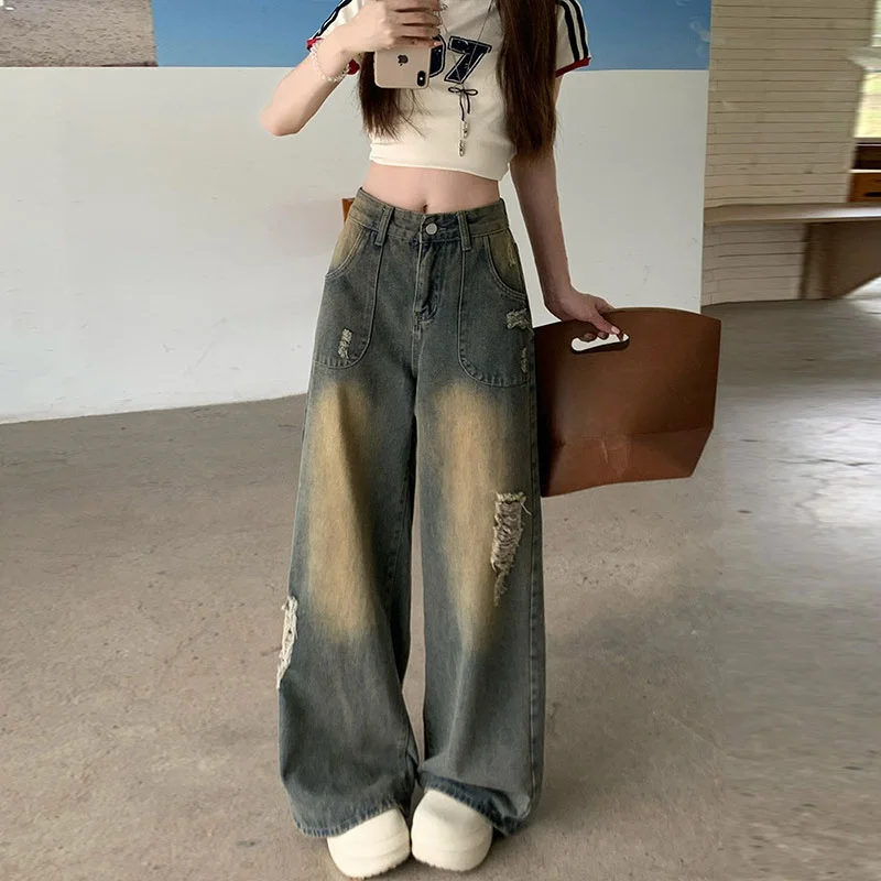 American Style High Waist Denim Jeans Women's Summer Trendy Hole Design Straight Leg Vintage Floor-Length Pants
American Style High Waist Denim Jeans Women's Summer Trendy Hole Design Straight Leg Vintage Floor-Length Pants