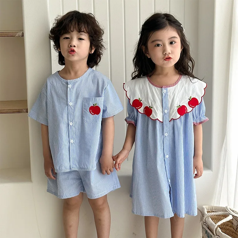 Summer Vacation Style Clothes Set Classic Vertical Striped Girls Dress Embroidery Shirt Shorts Boys Suit
Summer Vacation Style Clothes Set Classic Vertical Striped Girls Dress Embroidery Shirt Shorts Boys Suit