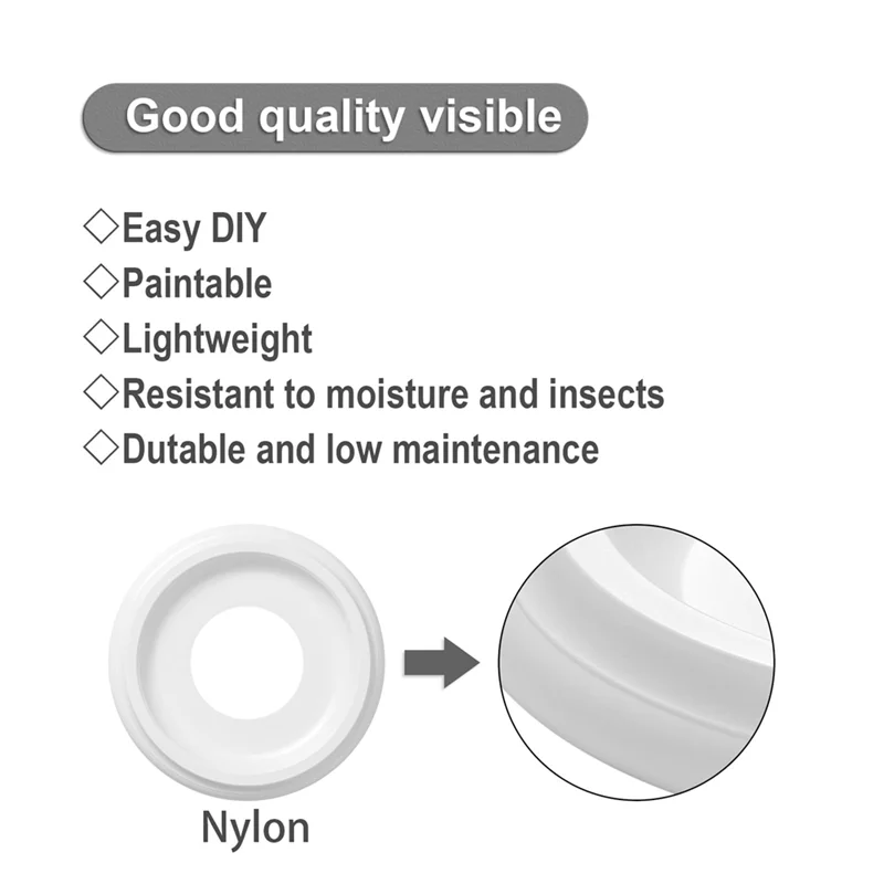 SOFT-4Pack White Molded Nylon Ceiling Medallion For Light Fixtures And Ceiling Fans 10Inod X 4In ID X 1-2/8In P(Up To7-1/4In)
SOFT-4Pack White Molded Nylon Ceiling Medallion For Light Fixtures And Ceiling Fans 10Inod X 4In ID X 1-2/8In P(Up To7-1/4In)
