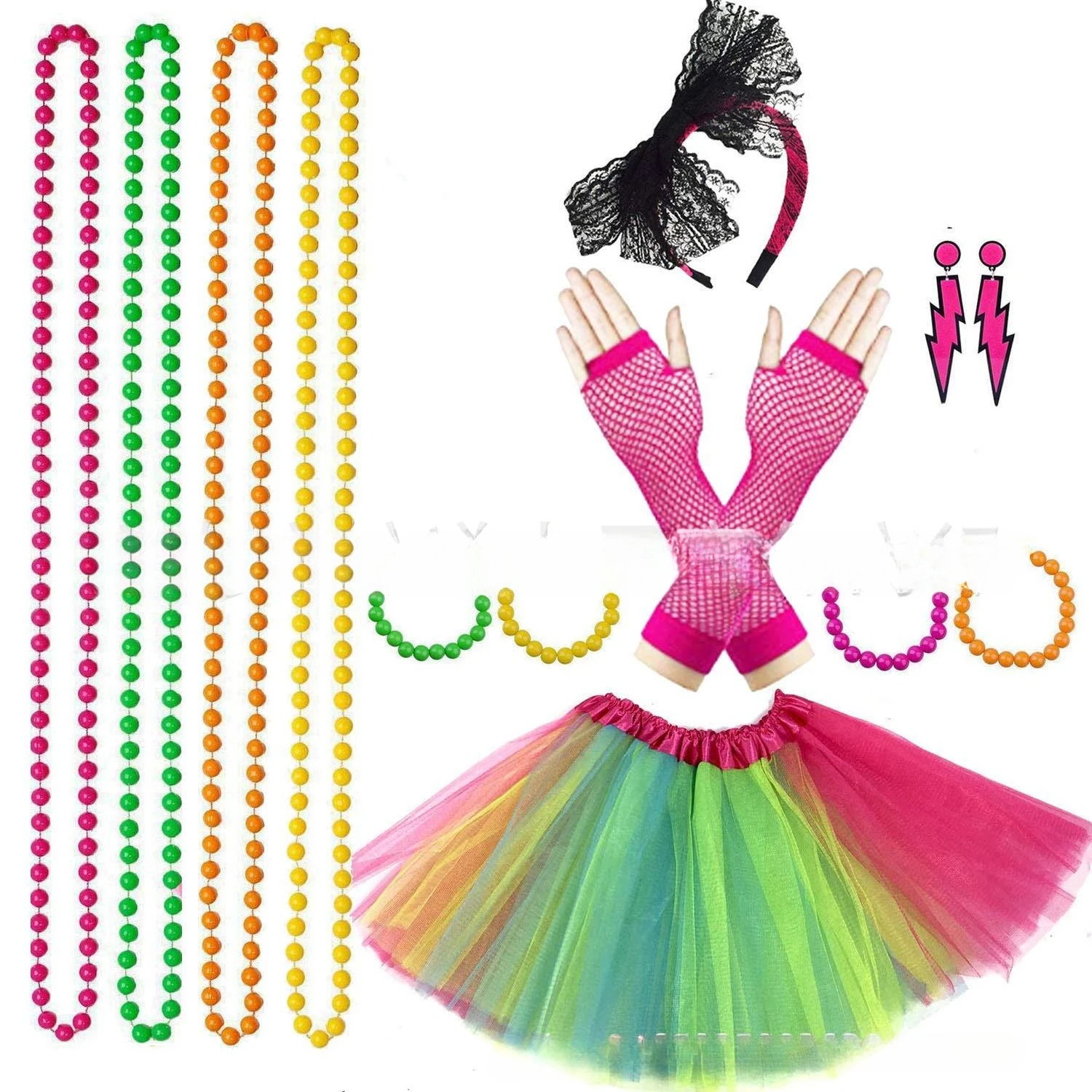 80s Four-color Necklace, Bracelet, Lace Bow Headband, Fishnet Gloves, Lightning Earrings, Colorful Tutu Dress Set
80s Four-color Necklace, Bracelet, Lace Bow Headband, Fishnet Gloves, Lightning Earrings, Colorful Tutu Dress Set