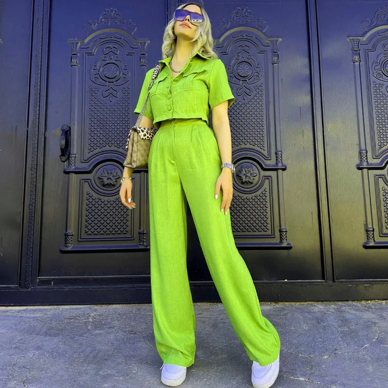 Fashion Solid Women 2 Pieces Sets Suits Spring Summer Chic Office Lady Short Sleeve Shirt High Waist Wide Leg Pants Female Green
Fashion Solid Women 2 Pieces Sets Suits Spring Summer Chic Office Lady Short Sleeve Shirt High Waist Wide Leg Pants Female Green