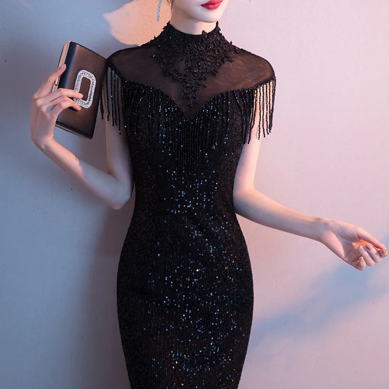gown Black Evening Dress Women's New Summer Autumn Temperament Banquet Host Light Luxury European and American Socialite Fis
gown Black Evening Dress Women's New Summer Autumn Temperament Banquet Host Light Luxury European and American Socialite Fis