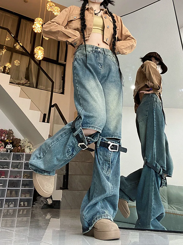 Women's Hole Belt Decoration Design Wide Leg Jeans Casual American Street Pants Female High Waist Straight Denim Trousers
Women's Hole Belt Decoration Design Wide Leg Jeans Casual American Street Pants Female High Waist Straight Denim Trousers