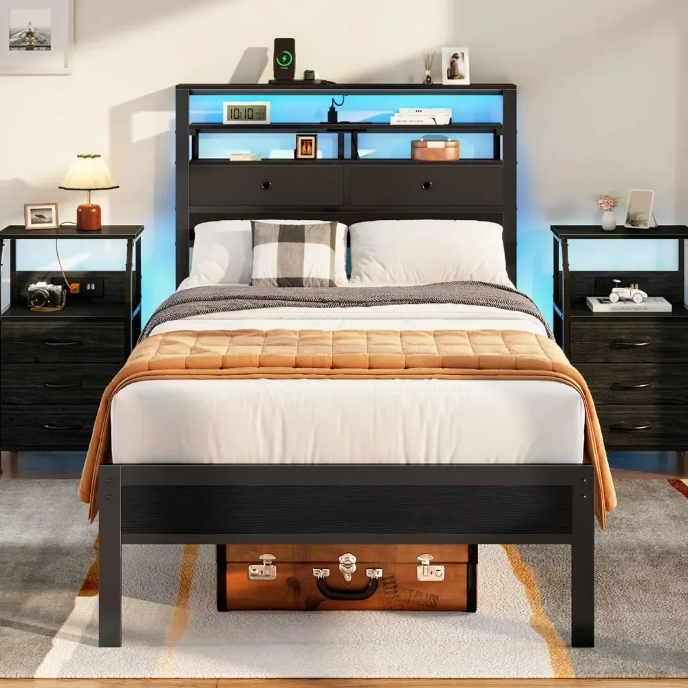 furnulem twin bed frames with charging station and led lights, wood headboard with 2 fabric drawers and storage shelves, twin si
furnulem twin bed frames with charging station and led lights, wood headboard with 2 fabric drawers and storage shelves, twin si