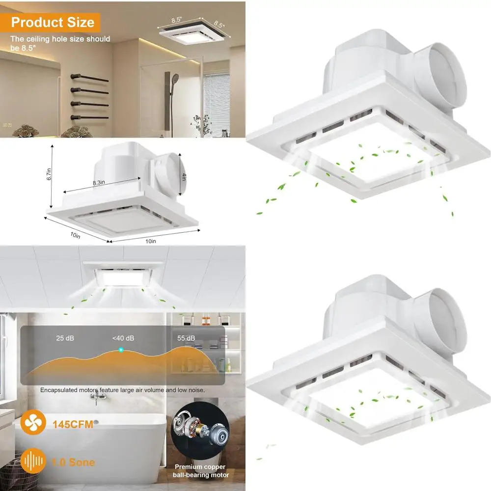 Ultra Quiet 10 6500K LED Bathroom Exhaust Fan with 1.0 Sone, 145 CFM, 8.3 Mount, 1500 Lumens Ceiling Ventilation
Ultra Quiet 10 6500K LED Bathroom Exhaust Fan with 1.0 Sone, 145 CFM, 8.3 Mount, 1500 Lumens Ceiling Ventilation
