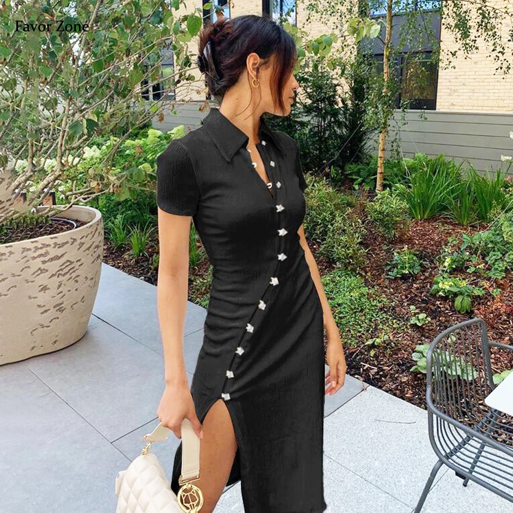 Polo Collar Elegant Office Lady Dress 2023 Summer Bodycon Side Split Sexy Evening Party Dresses Women Short Sleeve Midi Dress
Polo Collar Elegant Office Lady Dress 2023 Summer Bodycon Side Split Sexy Evening Party Dresses Women Short Sleeve Midi Dress