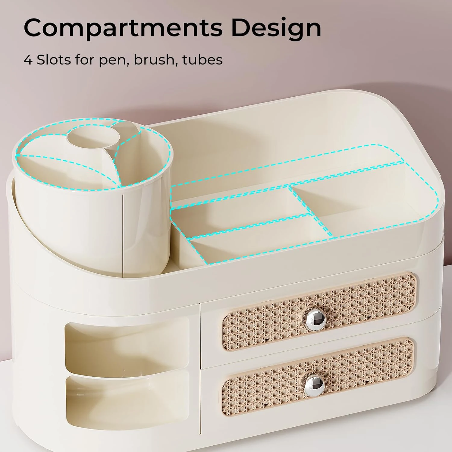 Multi-functional vanity organizer with removable brush holder and large-capacity drawers. Suitable for organizing cosmetics
Multi-functional vanity organizer with removable brush holder and large-capacity drawers. Suitable for organizing cosmetics
