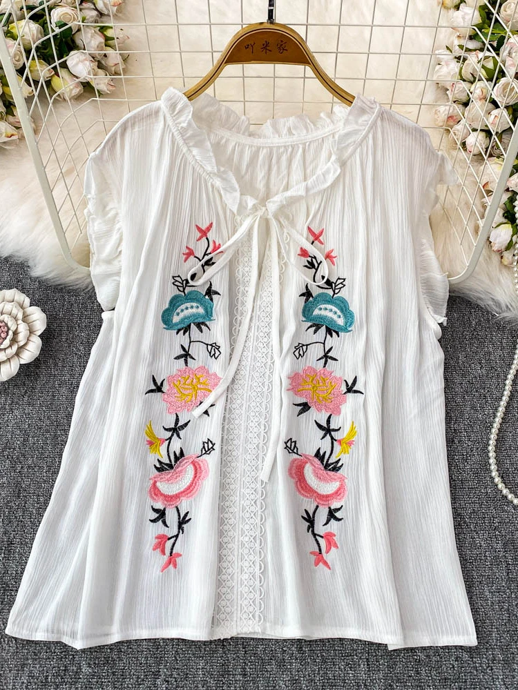 Summer Women's New Bohemian Short Sleeved Top with Wood Ear Edge V-neck Embroidered Cotton Versatile Lightweight Blouse Top D23
Summer Women's New Bohemian Short Sleeved Top with Wood Ear Edge V-neck Embroidered Cotton Versatile Lightweight Blouse Top D23