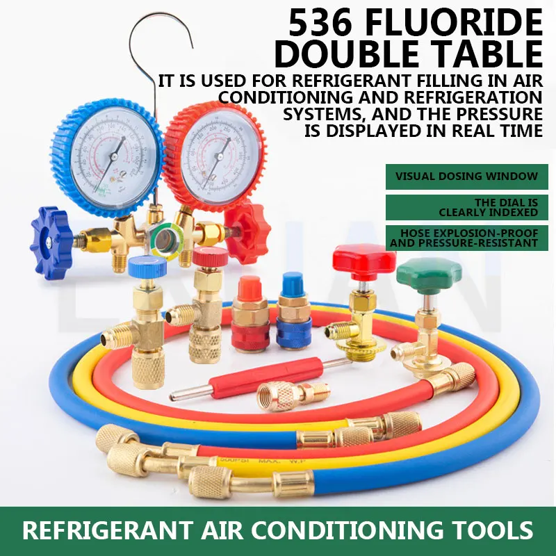Household Air Conditioner Fluorine Dual Gauge, Car Fluorine Kit, Refrigerant Digital Pressure Gauge, Refrigerant Filling Tool
Household Air Conditioner Fluorine Dual Gauge, Car Fluorine Kit, Refrigerant Digital Pressure Gauge, Refrigerant Filling Tool
