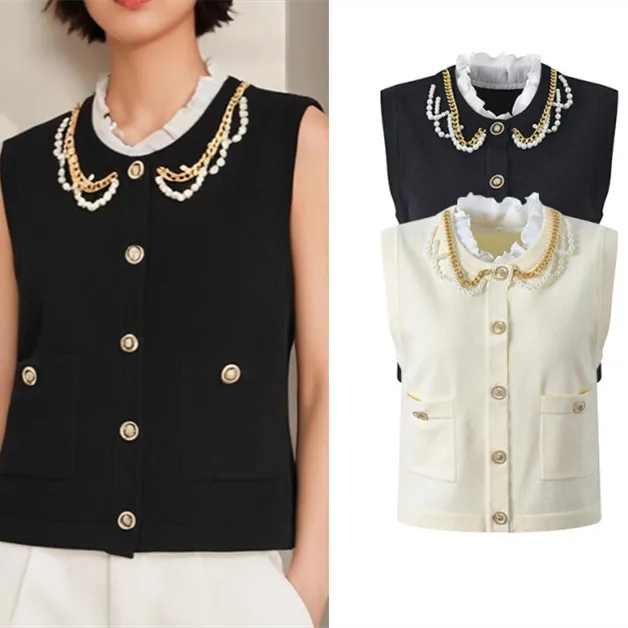 High-End European Sle Women's Knitted Vest Svel Chain Gold Bule Collar Lace Trim Top Design Sensation Faionable
High-End European Sle Women's Knitted Vest Svel Chain Gold Bule Collar Lace Trim Top Design Sensation Faionable