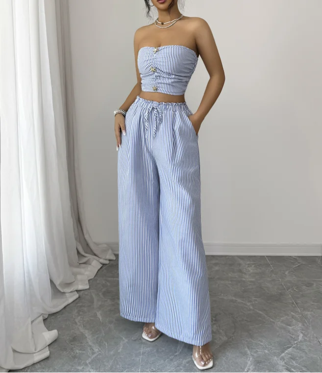 Two Piece Set Women Outfit 2026 Spring Summer New Striped Strapless Crop Vest Top & High Waist Casual Wide Leg Pants Set
Two Piece Set Women Outfit 2026 Spring Summer New Striped Strapless Crop Vest Top & High Waist Casual Wide Leg Pants Set