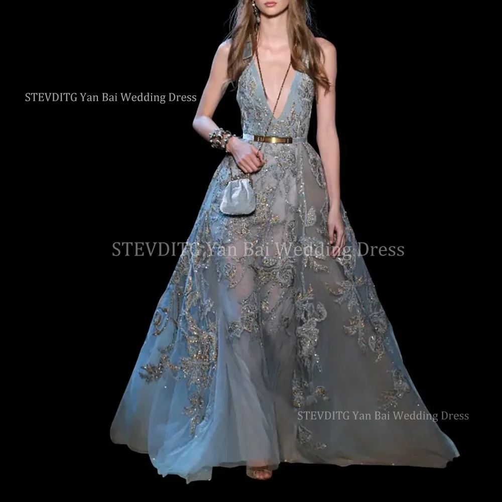 Elegant Lace Appliques Prom Dresses Sexy Deep V-Neck Illusion Bodice Floor Length A-Line Sequined Red Carpet Customized Gown
Elegant Lace Appliques Prom Dresses Sexy Deep V-Neck Illusion Bodice Floor Length A-Line Sequined Red Carpet Customized Gown