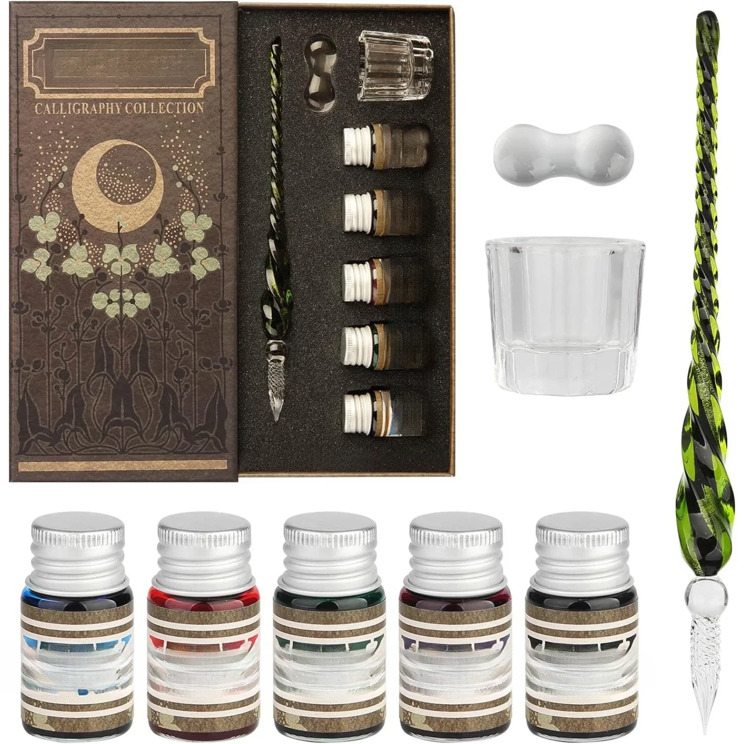 Glass dip pen ink set Hand crystal calligraphy pen 5 colored Indian ink, 1 pen holder, 1 clean cup ink drop tool signature
Glass dip pen ink set Hand crystal calligraphy pen 5 colored Indian ink, 1 pen holder, 1 clean cup ink drop tool signature