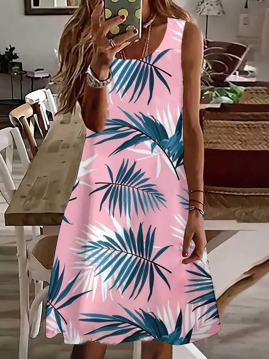 Women Sleeveless Pink Tropical Leaf Print Summer Beach Dress
Women Sleeveless Pink Tropical Leaf Print Summer Beach Dress