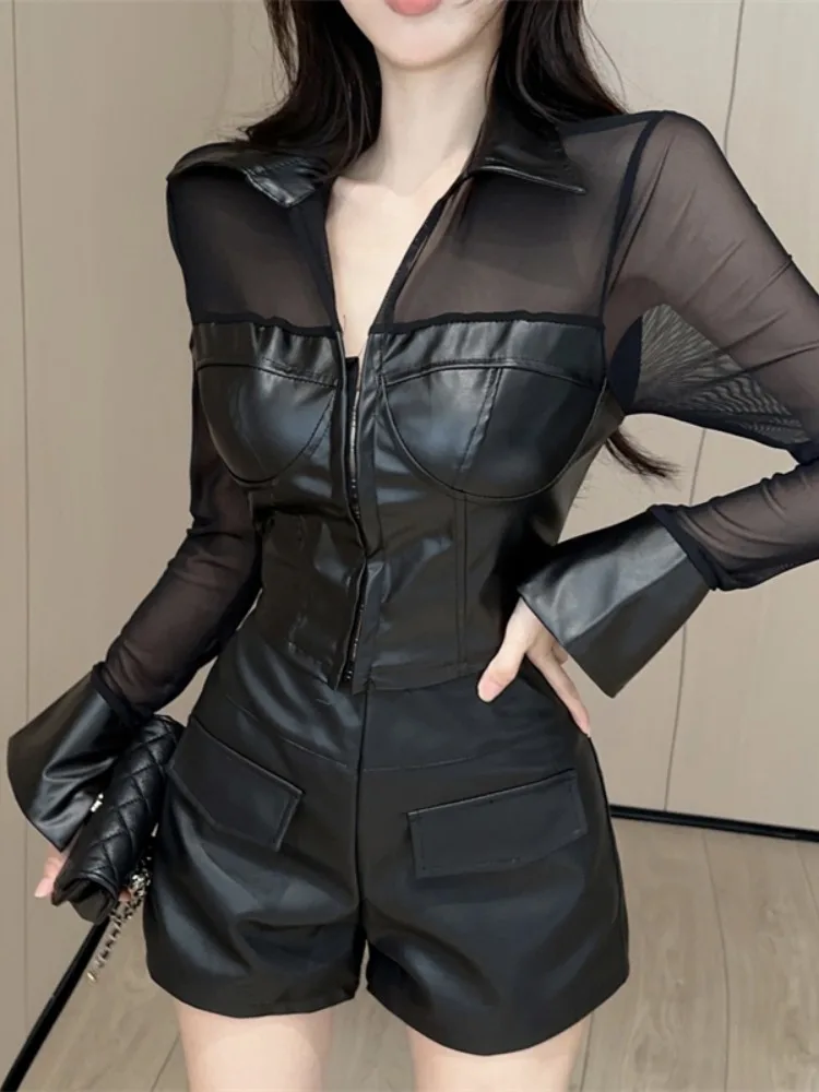 Korean Style Collar Splice Mesh Short Leather Cardigan T-Shirt Women Sexy High Waist Leather Pants Fashion Set
Korean Style Collar Splice Mesh Short Leather Cardigan T-Shirt Women Sexy High Waist Leather Pants Fashion Set