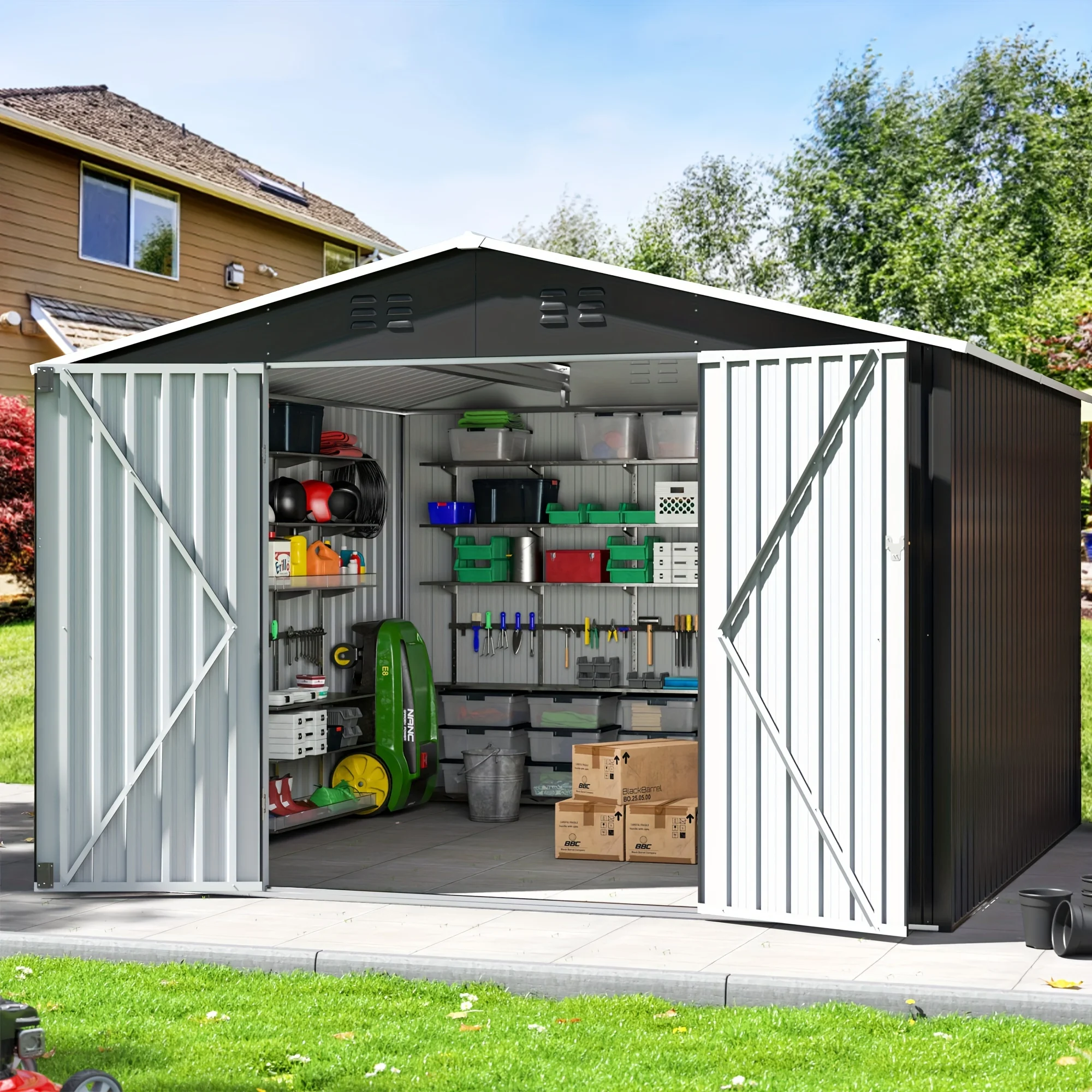 10X10 FT Outdoor Storage Shed, Spacious Garden Shed Featuring an Enhanced Frame Design And Secure Locking Doors, Metal Tool Sheds for Backyard Garden Patio Lawn, Black
10X10 FT Outdoor Storage Shed, Spacious Garden Shed Featuring an Enhanced Frame Design And Secure Locking Doors, Metal Tool Sheds for Backyard Garden Patio Lawn, Black