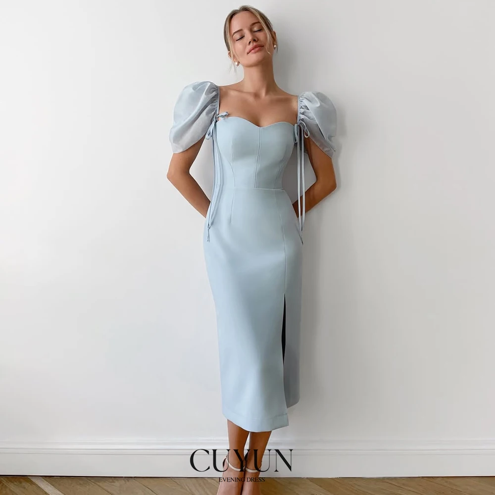 CUYUN Небесно-голубые прямые платья макси длиной до пола, платье для выпускного вечера с разрезом, женские вечерние платья, элегантные платья с пышными рукавами по индивидуальному заказу