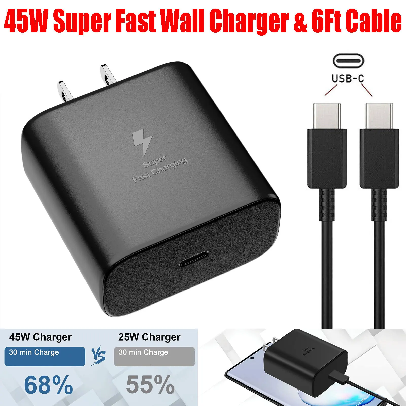 45 Watts USB-C Super Fast Charging Wall Charger & USB-C Type C Cable For Samusng
45 Watts USB-C Super Fast Charging Wall Charger & USB-C Type C Cable For Samusng