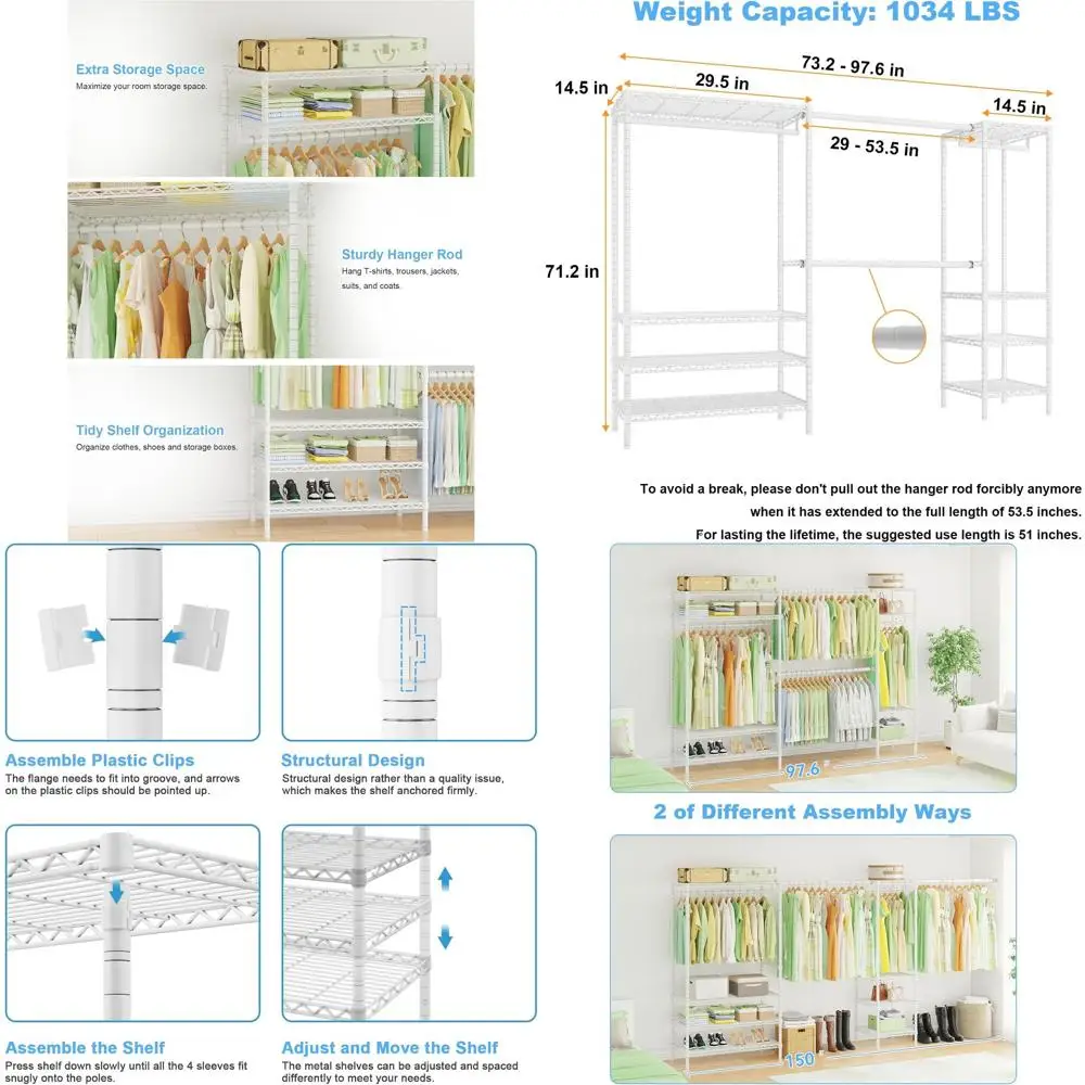 Heavy-Duty Metal Garment Rack with 8 Shelves & 4 Hanger Rods, Adjustable Width, White
Heavy-Duty Metal Garment Rack with 8 Shelves & 4 Hanger Rods, Adjustable Width, White
