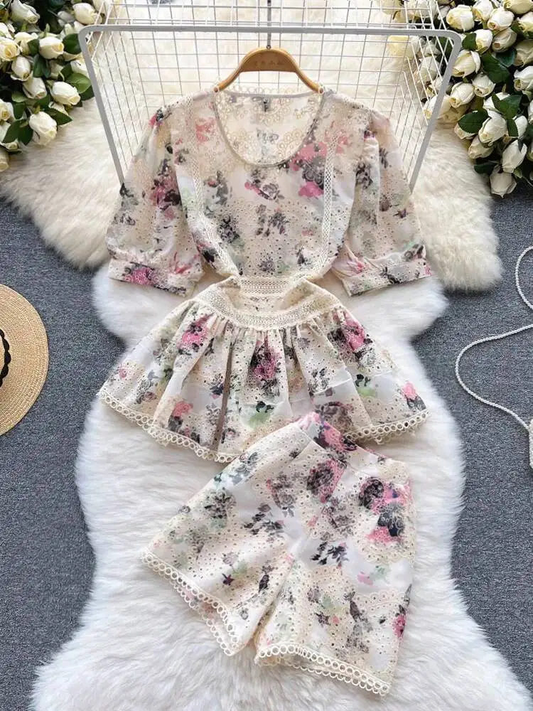 Elegant Flower Embroidery Lace Shorts Set Women Short Sleeve Hollow Out Ruffles Shirt Top+Wide Leg Shorts Summer 2 Piece Outfits
Elegant Flower Embroidery Lace Shorts Set Women Short Sleeve Hollow Out Ruffles Shirt Top+Wide Leg Shorts Summer 2 Piece Outfits