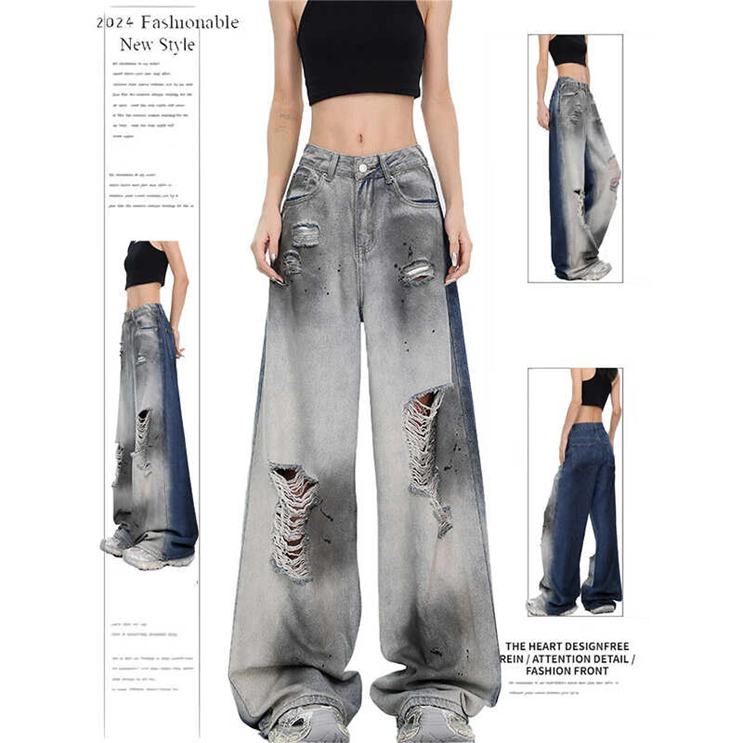Y2K Women's 2025 Gradient Ripped Jeans High Waist Baggy Wide Leg Denim Pants Streetwear Distressed Loose Fashion Trousers
Y2K Women's 2025 Gradient Ripped Jeans High Waist Baggy Wide Leg Denim Pants Streetwear Distressed Loose Fashion Trousers
