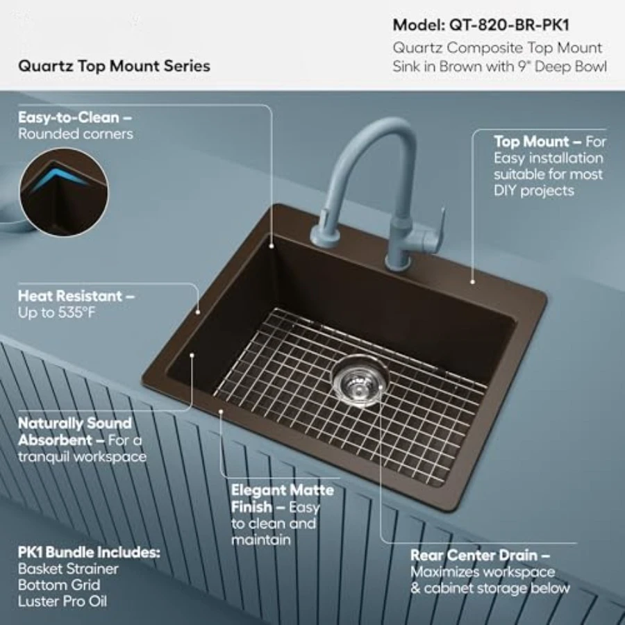 Top Mount 25 in. Single Bowl Quartz Kitchen Sink Kit in Brown
Top Mount 25 in. Single Bowl Quartz Kitchen Sink Kit in Brown