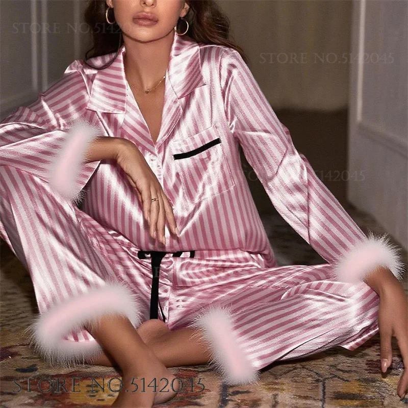 Fashion Womens Sleepwear 2Pcs Pajamas Set Pink Stripe Long Sleeve Trouser Suit Pijamas Loose Casual Ice Silk Homewear Loungewear
Fashion Womens Sleepwear 2Pcs Pajamas Set Pink Stripe Long Sleeve Trouser Suit Pijamas Loose Casual Ice Silk Homewear Loungewear