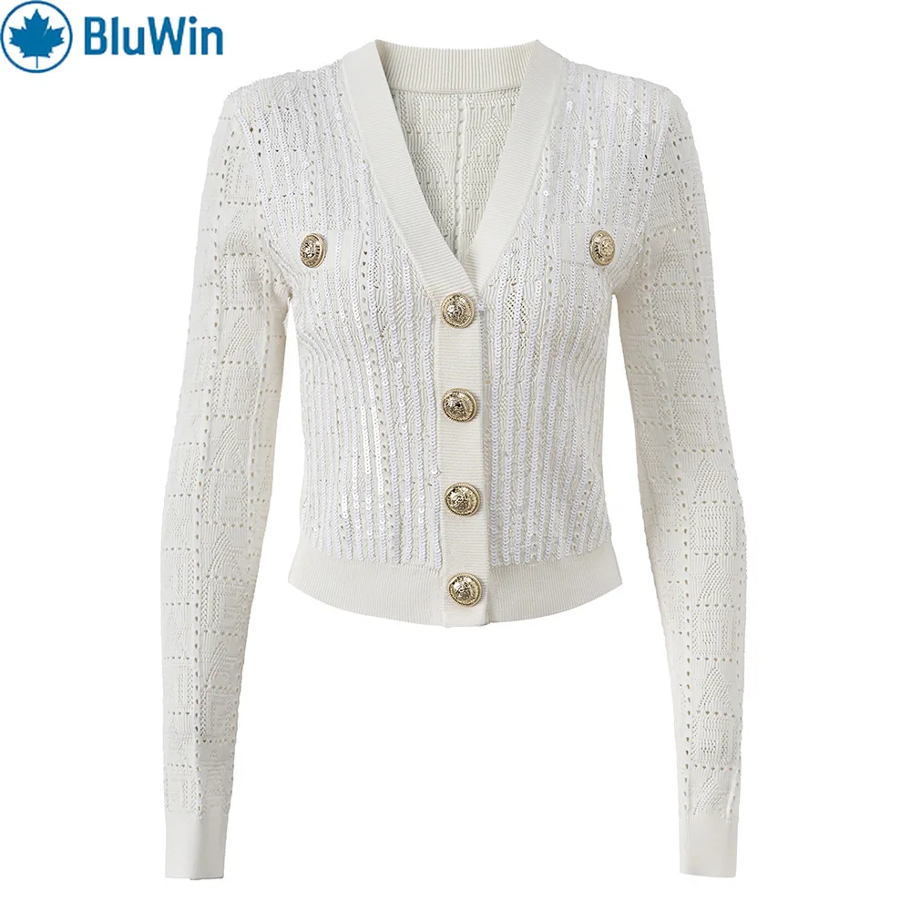 BluWin White V-Neck Sequin Knit Cardigan Long Sleeve Striped Hollow Metal Button Elegant Top 
BluWin White V-Neck Sequin Knit Cardigan Long Sleeve Striped Hollow Metal Button Elegant Top
