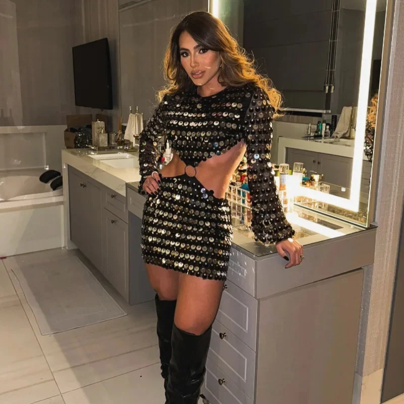 Fashion Sequins Hollow Out Mini Dress Woman Flare Long Sleeve Slim Glitter Dresses High Street Evening Party Club Sexy Vestidos
Fashion Sequins Hollow Out Mini Dress Woman Flare Long Sleeve Slim Glitter Dresses High Street Evening Party Club Sexy Vestidos